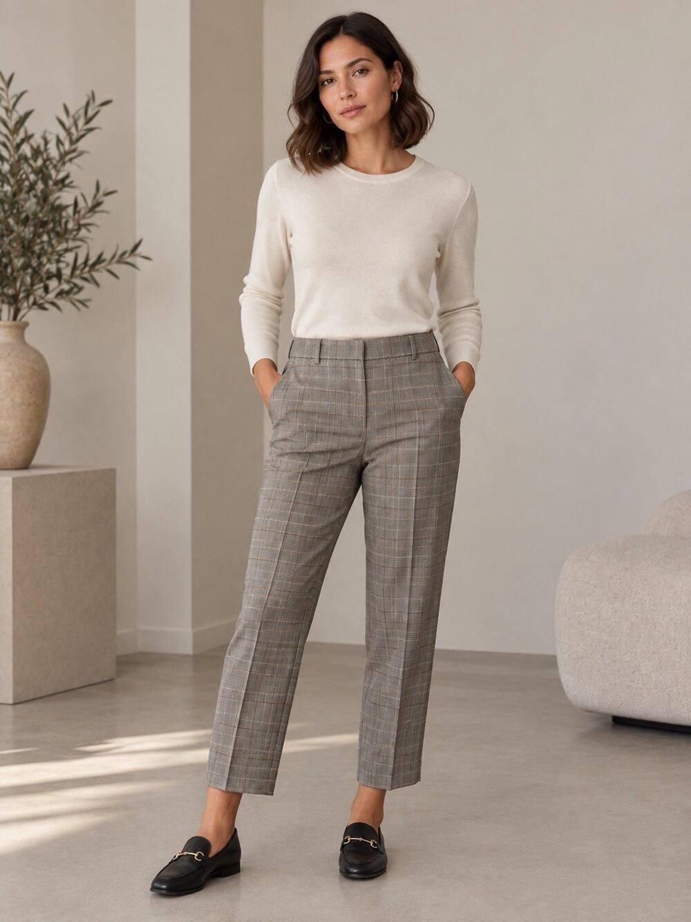 Lafayette 148 Pants 12 100% Wool Plaid Trousers Gray Brown Straight Leg Career